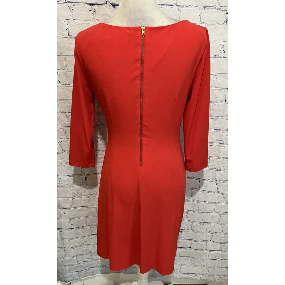Tahari ASL Levine Orange 3/4 Sleeve Ruched Side Buckle Dress Career Office 6 - Picture 4 of 7